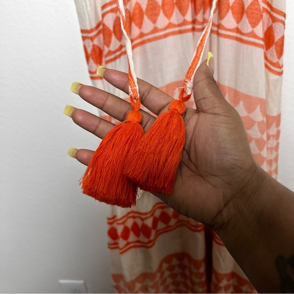 Pearl & Caviar Women Dress M/L Orange Tan Tiered Boho Short Sleeve Green Cottage - Picture 3 of 9